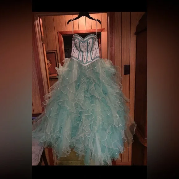 Dresses | Aqua Blue Puffy Strapless Corset Back Prom Dress | Poshmark